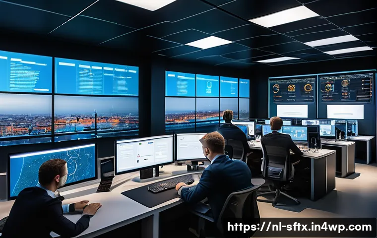 보안 오케스트레이션과 예측 모델링 - A high-tech cybersecurity operations center in Amsterdam, showing diverse security analysts collabor...