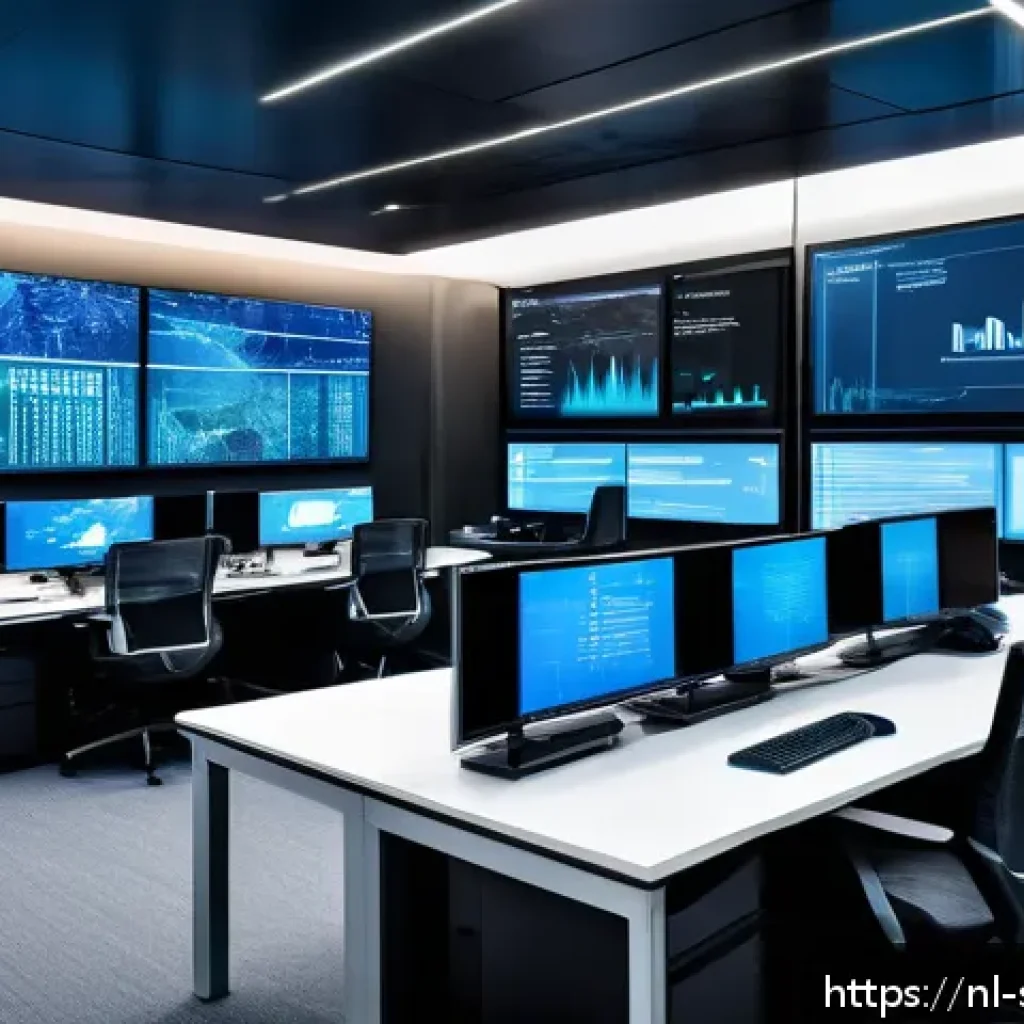 보안 오케스트레이션과 인시던트 대응 프로세스 - A modern corporate security operations center with multiple large screens displaying integrated cybe...