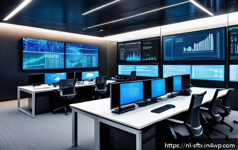 보안 오케스트레이션과 인시던트 대응 프로세스 - A modern corporate security operations center with multiple large screens displaying integrated cybe...