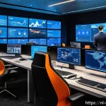 Home 21 보안 오케스트레이션 자동화의 성과 분석 도구 - A modern cybersecurity operations center with diverse security analysts actively monitoring multiple...